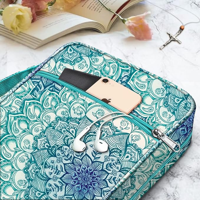 FINPAC Bible Cover, Carrying Book Case Church Bag Bible Protective with Handle and Zippered Pocket, Gift for Mother Lady Women Men, Emerald Illusions