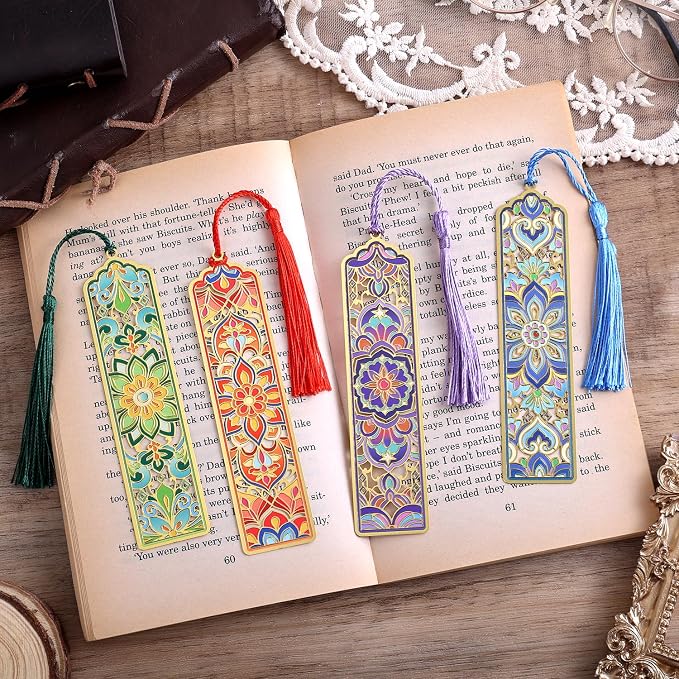 4 PCS Metal Bookmarks with Tassel, Golden Hollow Flower Bookmark Vintage Floral Mandala Theme Book Mark for Women Girls Book Lovers Writers Readers Teens Men