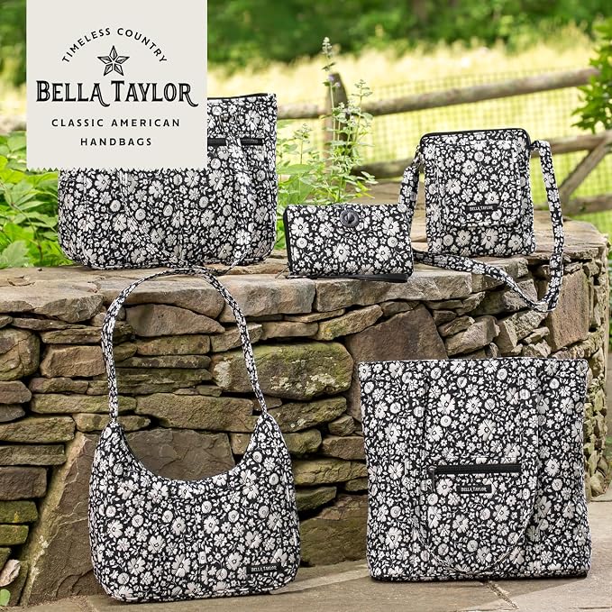 Bella Taylor Small Bible Cover for Women - Quilted Cotton Bible Case for 6 x 9 inch Books - Bicolor Floral Black