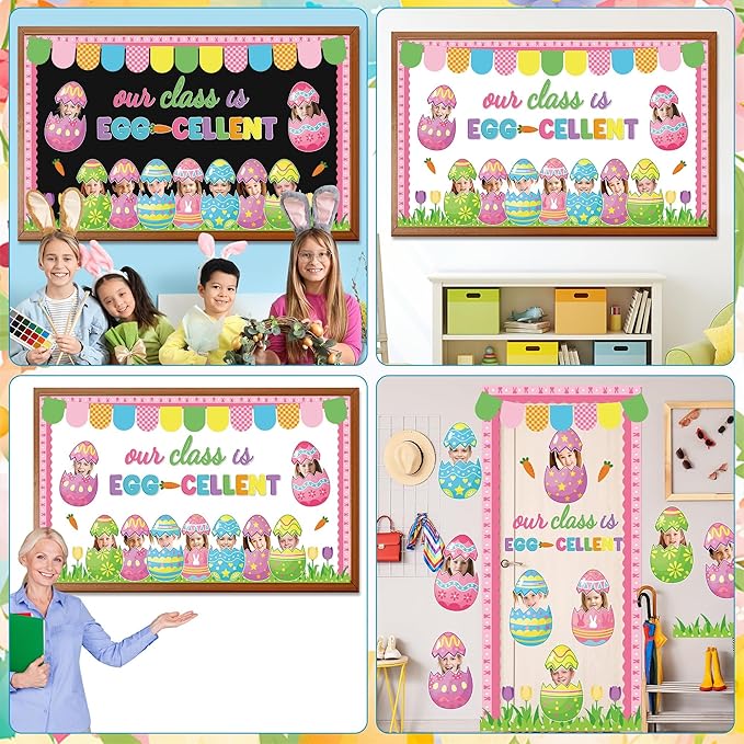 Easter Bunny Egg Bulletin Board Set Easter Egg DIY Photo Craft Cutouts Easter Classroom Bulletin Board Decorations Bunny Rabbit Grass Cutouts for Teacher School Office Home Chalkboard Wall Door Decor