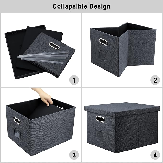 Graciadeco 4-Pack Modern Minimalist Dark Gray Collapsible Linen File Folder Box with Lid for Letter Size Hanging Files, Office Organization, General Storage
