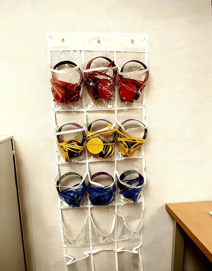 1-Pack Classroom Headphone Storage Organizer – 15 Clear PVC Pockets with Blank Colorful Labels for Custom Writing, Ideal for School & Teacher Organization