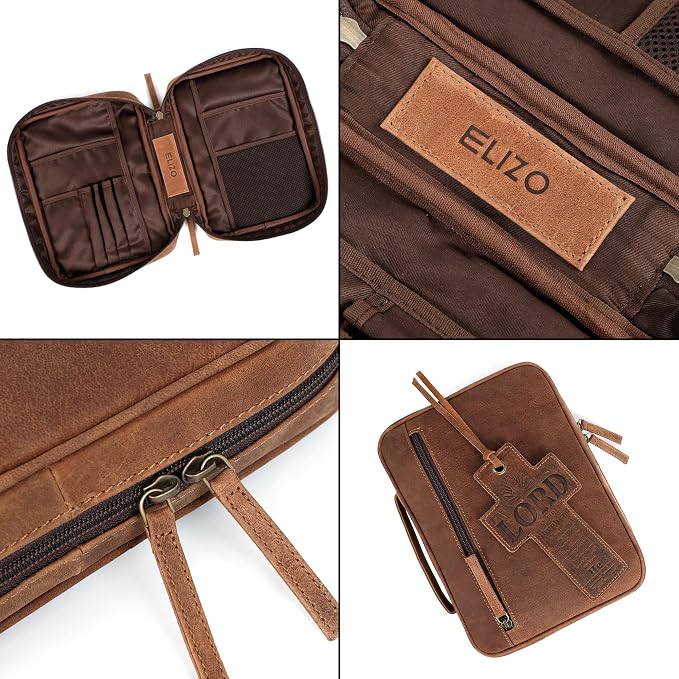 ELIZO Leather Bible Cover for Men Bible Case for Women Zippered Holder Protector Cross Church Tote Bag Carrying Organizer Sleeve Gift Study Saddle