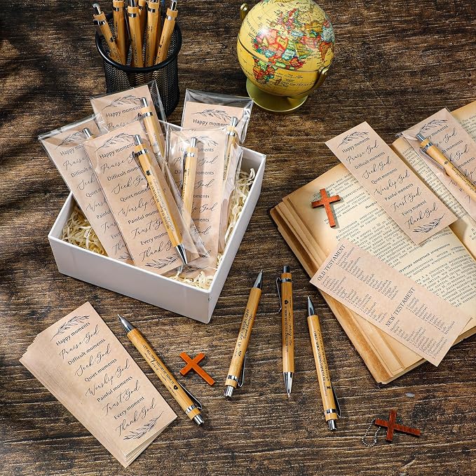 Spakon 20 Sets Fathers Day Gifts for Church Christian Pens Bulk Bible Verse Pen Religious Double Sided Emergency Numbers Bookmark for Men Women Sunday School