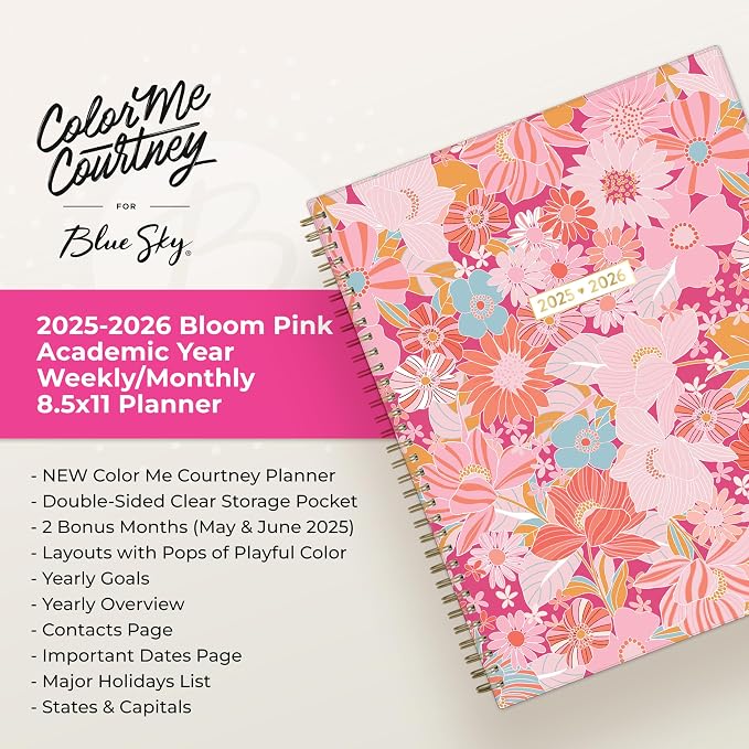 Blue Sky Color Me Courtney 2025-2026 Weekly and Monthly Academic Year Planner Calendar, July 2025 - June 2026, 8.5" x 11", Flexible Cover, Wirebound, Laminated Tabs, Storage Pocket, Bloom Pink