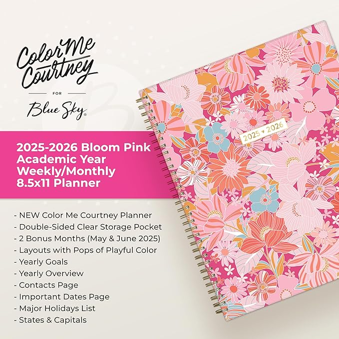 Blue Sky Color Me Courtney 2025-2026 Weekly and Monthly Academic Year Planner Calendar, July 2025 - June 2026, 8.5" x 11", Flexible Cover, Wirebound, Laminated Tabs, Storage Pocket, Bloom Pink