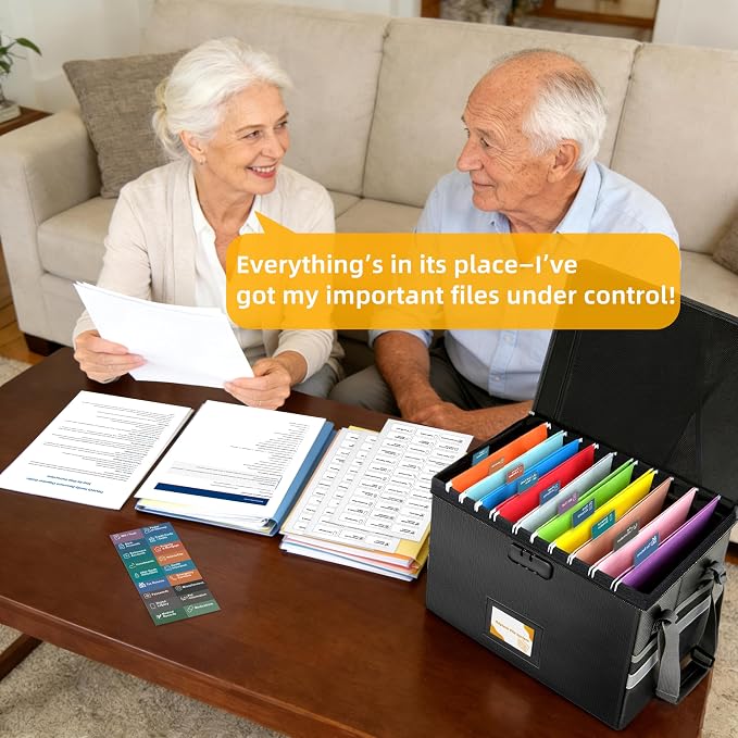 Deluxe Pro Large Next of Kin Box Organizer with 50-Page Family Document Guide, Fireproof Foldable File Organizer with Combination Lock, 10 Hanging Files and 115 Category Labels (15.7"L×12.2"W×10.6"H)