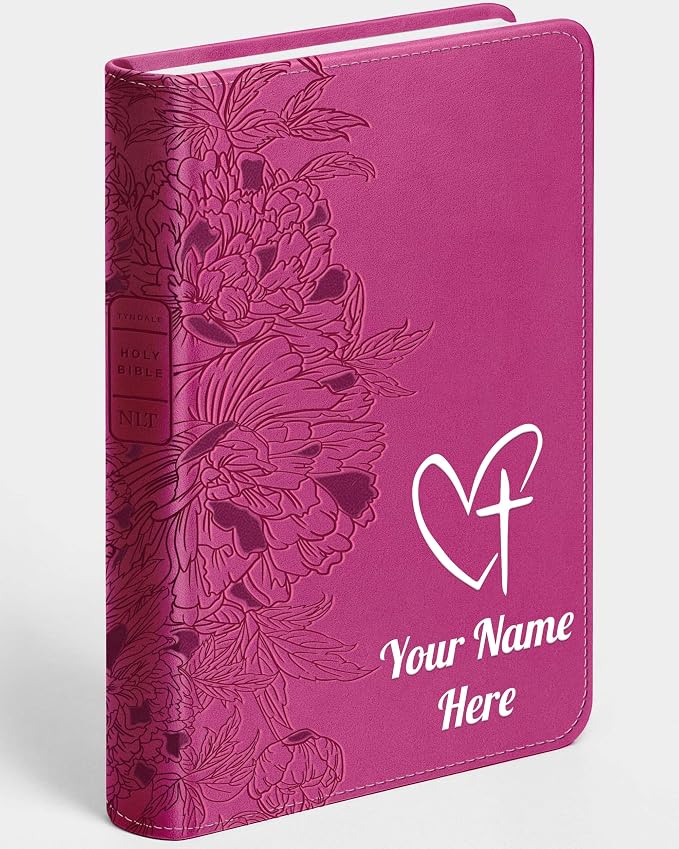 Personalized NLT Bible, Peony Pink Leatherlike, Red Letter, Personal Size Giant Print, Add Your Name