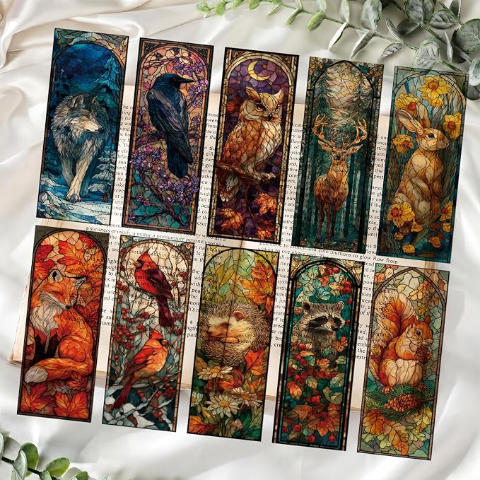 Cute Animals Bookmark Gifts - 10 Pcs Fantasy Stained Glass Art Bookmarks for Women Men Book Lovers Students Pretty Cool Page Marks School Reading Accessories Bookish Birthday Graduation Gift