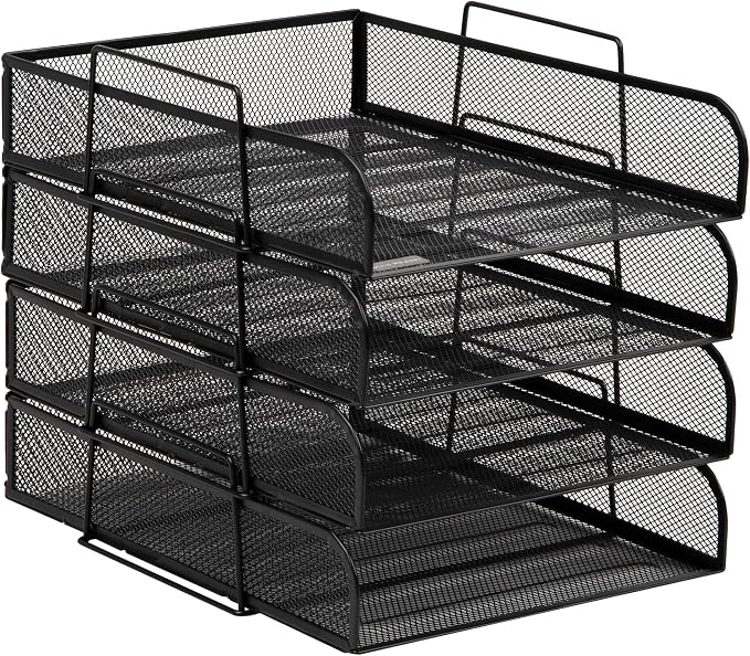 Mind Reader Stackable Paper Tray, Desktop Organizer, File Storage, Office, Metal Mesh, 10.5" L x 13.5" W x 11.25" H, 4 Pcs., Black
