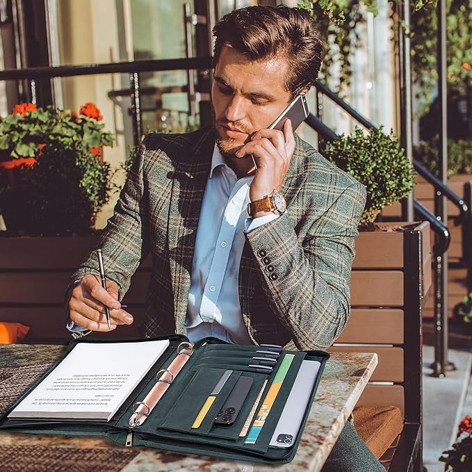 AZXCG Genuine Leather Portfolio Binder for Men& Women,Padfolio Organizer with Zipper,Padfolio Folder for iPad Pro 12.9/ Letter Size Notepad,Business Executive Gift for Men, for Valentine's Day