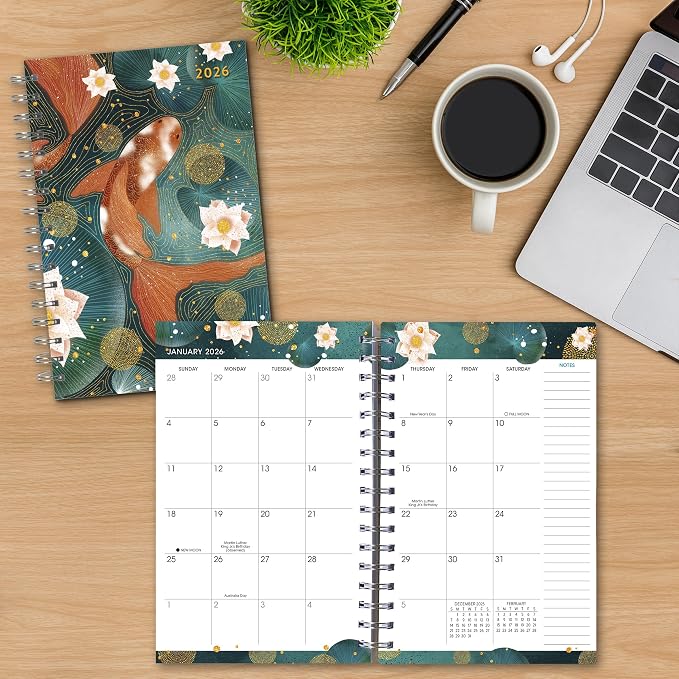 Golden Koi 2026 Weekly & Monthly Planner, 12-Month Engagement Calendar with Asian-Inspired Art and Tranquil Koi Fish Design, 2026, 6" × 9"