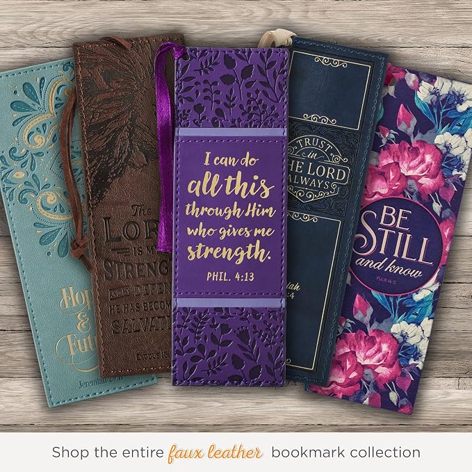 Christian Art Gifts Inspirational Premium Vegan Leather Scripture Bookmark for Women: I Can Do All This Encouraging Bible Verse, Satin Ribbon Tassel for Reading, Heat-Debossed, Purple Floral & Gold