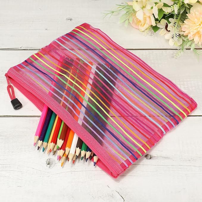 MECCANIXITY Mesh Zipper Pouches, A5 Colorful Pencil Case Document File Bags Storage Organizer for Office Supply Travel Accessory, Rose Red Pack of 6