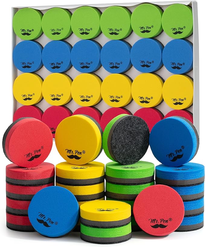 Mr. Pen- Round Magnetic Dry Erase Erasers, 24 Pack, Colorful Small Magnetic Whiteboard Dry Erase Erasers Bulk for Kids, Teachers, Students and Classroom Supplies