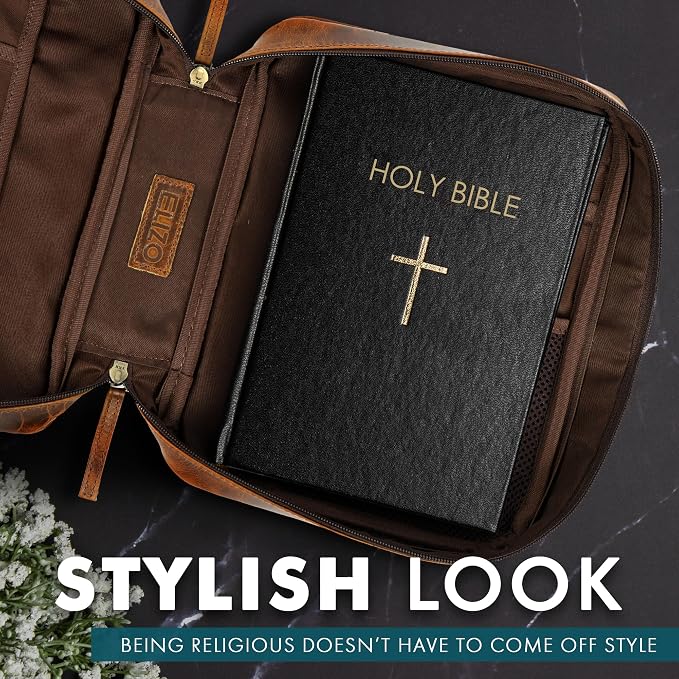 ELIZO Leather Bible Cover for Men Bible Case Women Holder Carrying Organizer Wrap Sleeve Protector Christian Religious Gift Cross Bookmark – Large Antique Brown