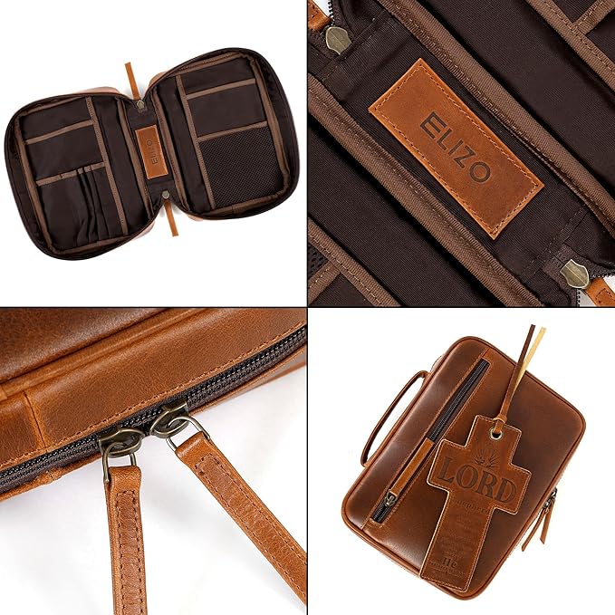 ELIZO Leather Bible Cover for Men Bible Case Women Holder Carrying Organizer Wrap Sleeve Protector Christian Religious Gift Cross Bookmark – Standard Cognac