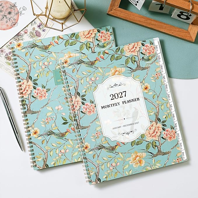 2027 Monthly Planner - 2027 Planner with Tabs, Monthly Planner/Calendar 2027, Jan. 2027 - Dec. 2027, 9" x 11", Strong Gold Twin-wire Binding, Back Pocket, Note Pages - Floral
