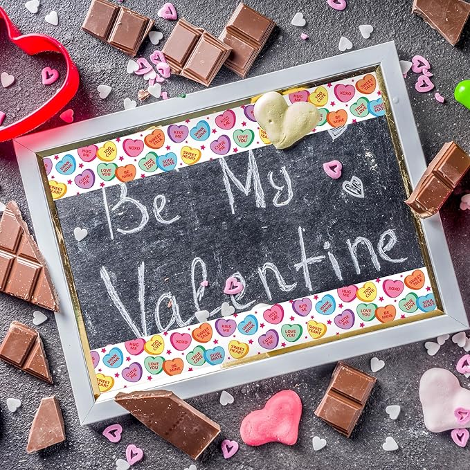 JarThenaAMCS 66Ft Valentine's Day Bulletin Board Border White Conversation Heart Rolled Self Adhesive Colorful Heart Border Trim Stickers for Classroom Office Chalkboard Party Decor