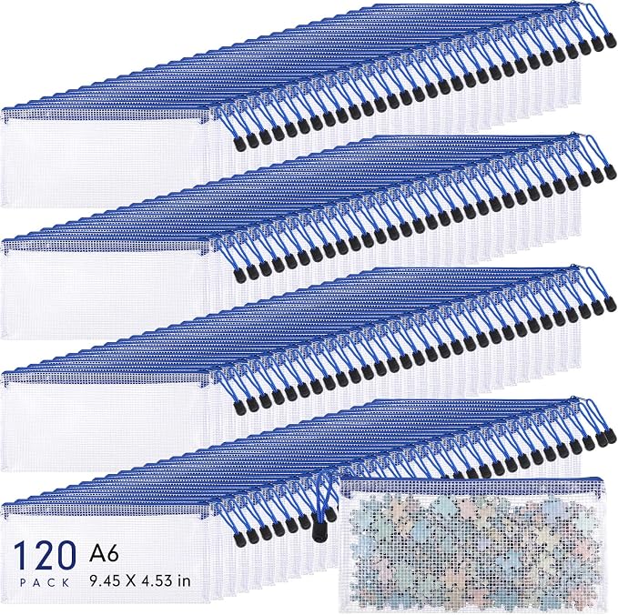 Sherr 120 Pcs Mesh Zipper Pouch A6 Pencil Pouches Bulk Small Clear Mesh Bags with Zipper 9.45'' x 4.53'' Waterproof File Bag Pencil Case for School Office Travel Organization(Blue)