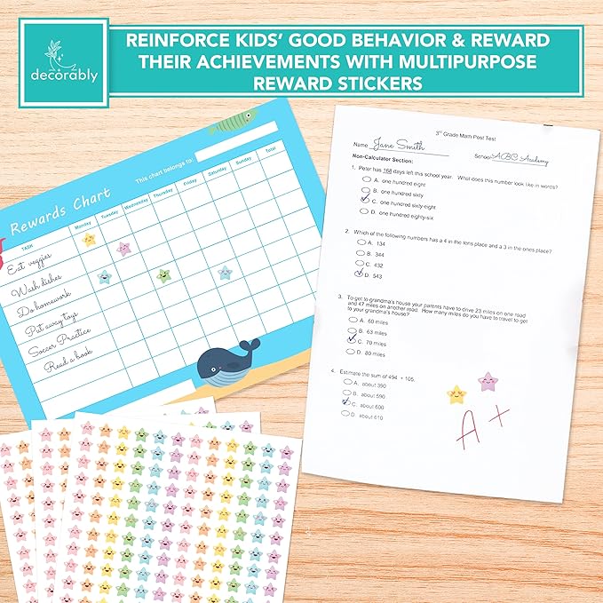 Decorably 10,530 Pastel Reward Stickers for Kids Classroom - 45 Sheets with 7 Vibrant & Cute Designs for School Activities, Positive Reinforcement, Arts & Crafts, Scrapbooking, Gift