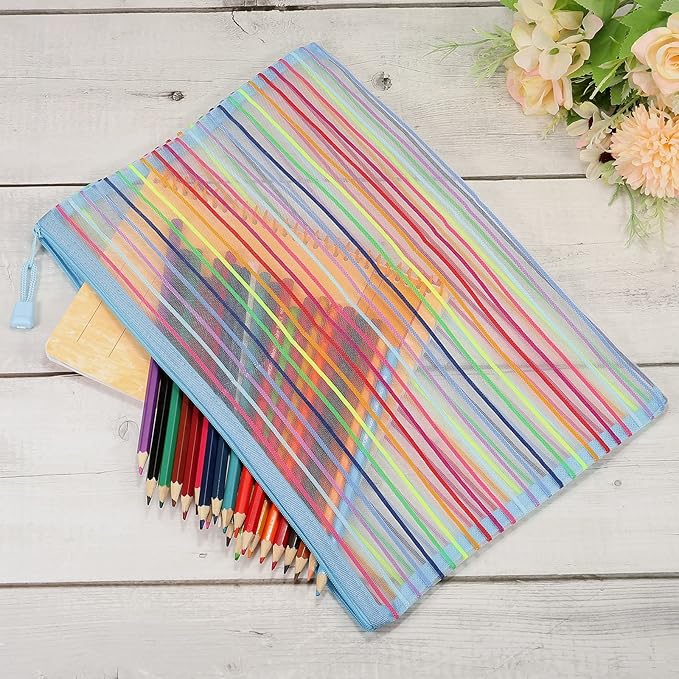 MECCANIXITY Mesh Zipper Pouches, A4 Colorful Pencil Case Document File Bags Storage Organizer for Office Supply Travel Accessory, Sky Blue Pack of 6