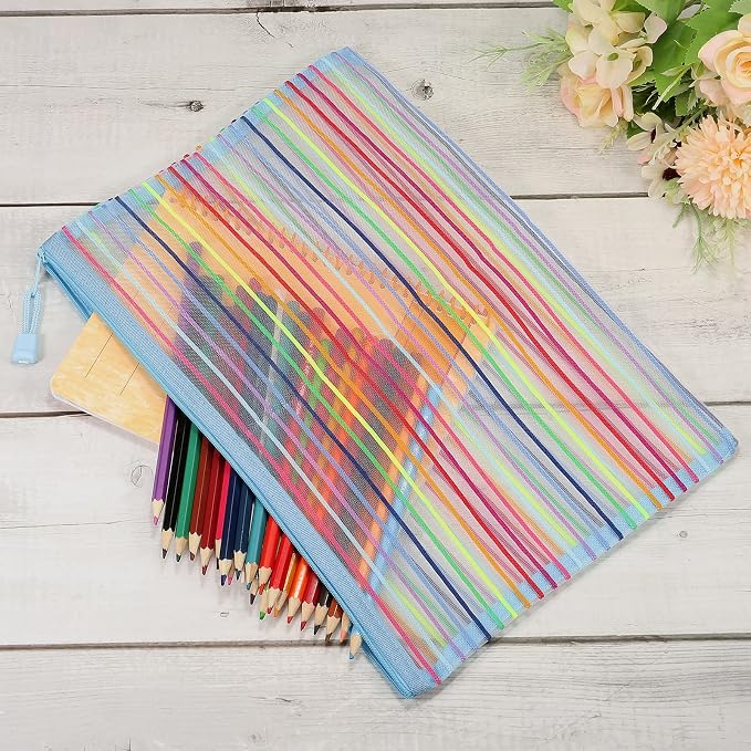 MECCANIXITY Mesh Zipper Pouches, A4 Colorful Pencil Case Document File Bags Storage Organizer for Office Supply Travel Accessory, Sky Blue Pack of 6
