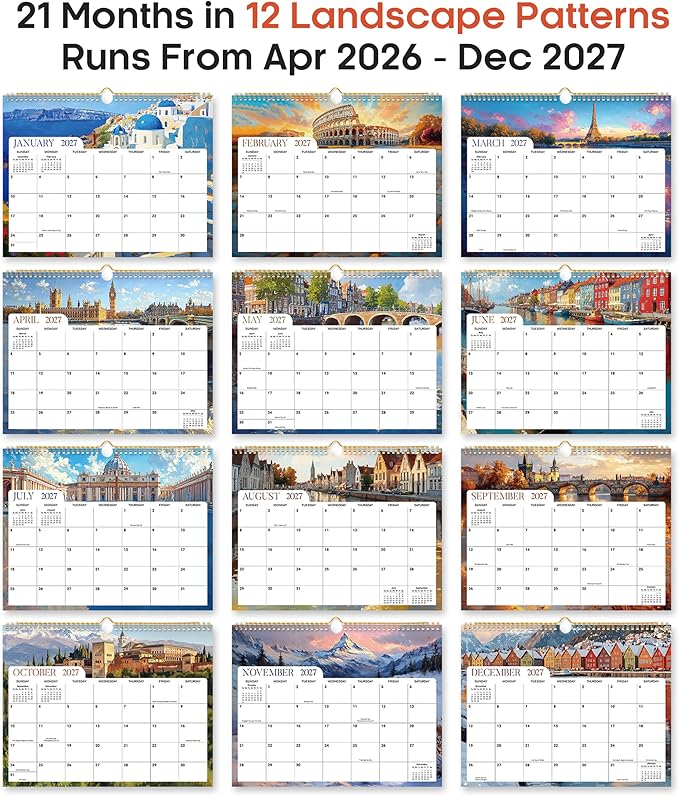 Calendar 2026-2027, Monthly Wall Calendar from April 2026 to December 2027, 11.5" x 14.7", Spiral Binding Hanging Wall Calendar, Perfect for Home or Office,European Landscape