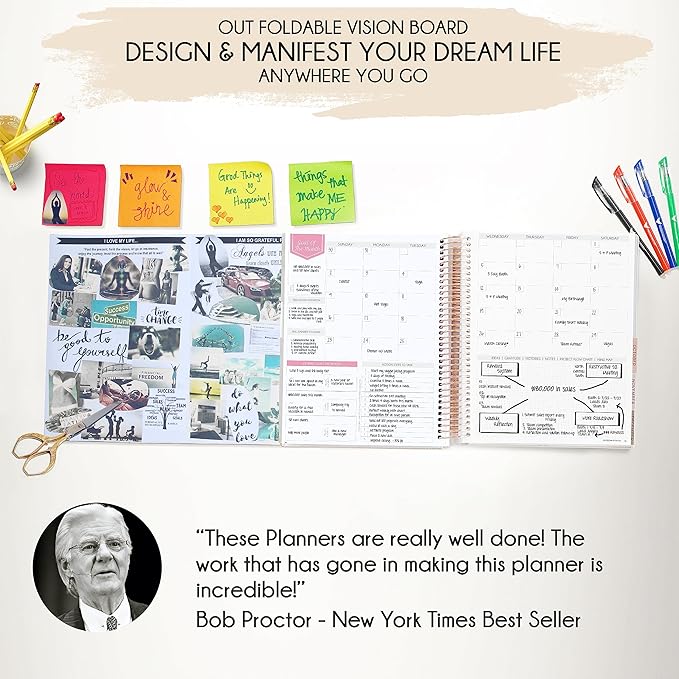 Manifestation Journal โ Hourly, Weekly & Monthly Planner | 12-Month to Increase Productivity, Life Organizer & Goal Planner | Spiral Journal, Habit Tracker, Foldable Vision Board, Gift Box & Stickers