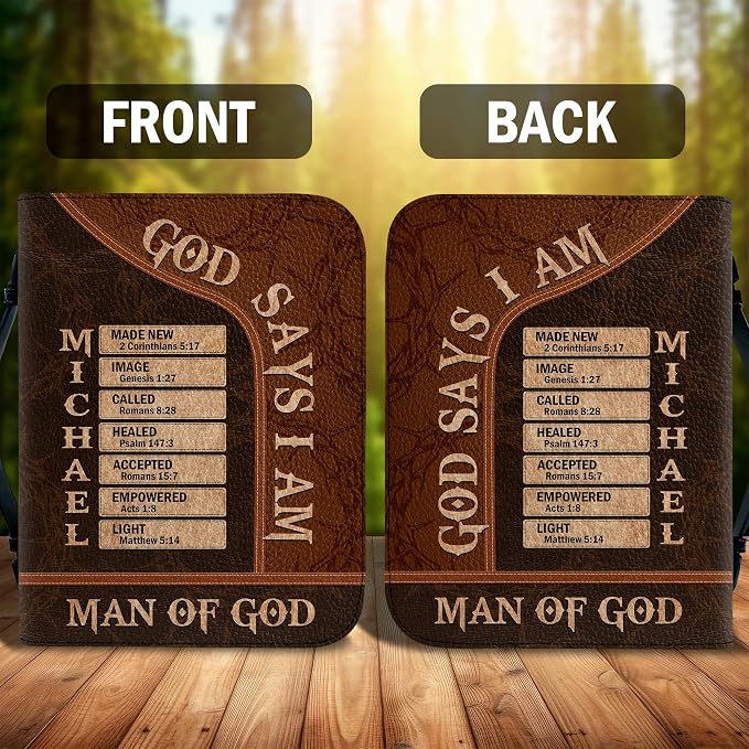 Personalized Man of God Bible Cover, God Says I Am Bible Case PU Leather, Bible Holder Handle Zipper, Faith Scripture with Name Case Bag, Religious Gifts for Church Christians Women Men (GOD-02)