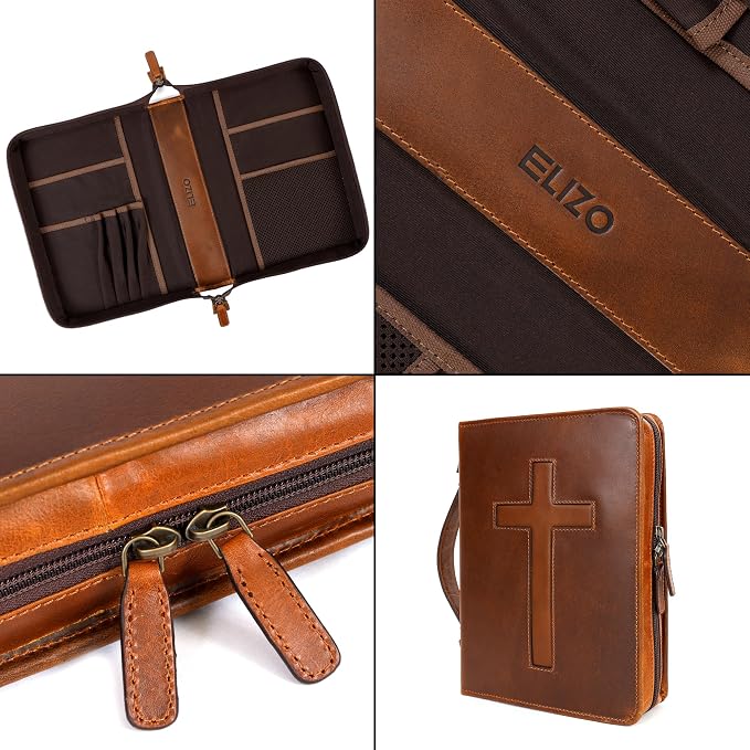 ELIZO Leather Bible Cover Case for Men Women Genuine Leather Bible Bag Holder Cross Large Carrying with Zipper Case Protector Christian Religious Gifts for Mens (Cognac/Tan, Study/Large)