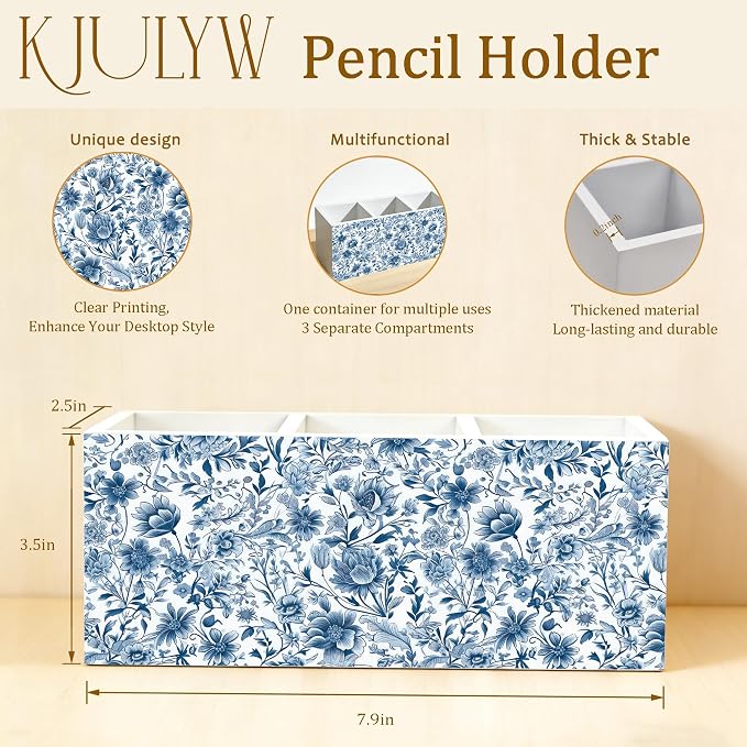 Chinoiserie Floral Pen Holder for Desk, Vintage Blue and White Chinoiserie Flower Wooden Box Pencil Pen Holder Organizer for Home Office Desk Accessories