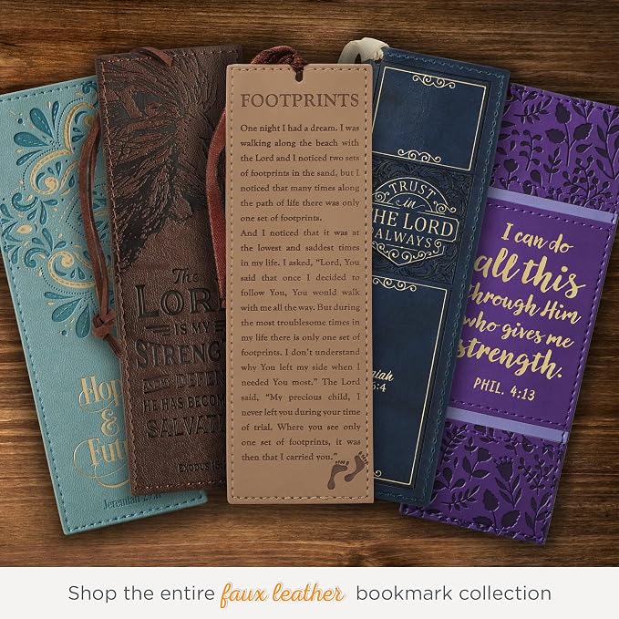 Christian Art Gifts Vegan Faux Leather Scripture Bookmark for Men and Women: Footprints in The Sand - Inspirational Poem Heat-Debossed, Faith-Based Reading Book Accessory with Ribbon Tassel, Brown