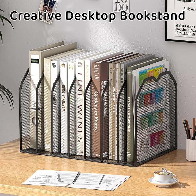FANXIYQ Black 7-Section File Folder Organizer for Desk, Metal Vertical File Holder Stand, Desktop File Organizer Rack for Letter/A4 Folders, Papers, Books, Office Classroom Home