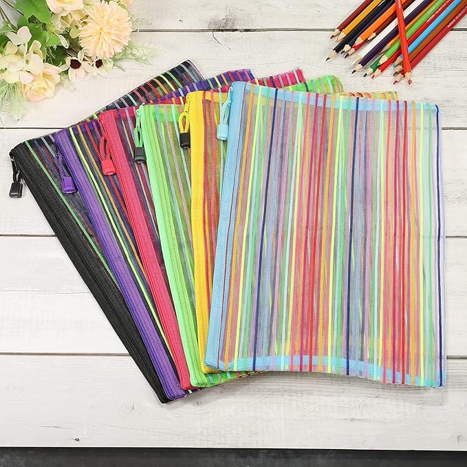 MECCANIXITY Mesh Zipper Pouches, A4 Pencil Case Document File Bags Storage Organizer for Office Supply Travel Accessory, Multicolor Pack of 6