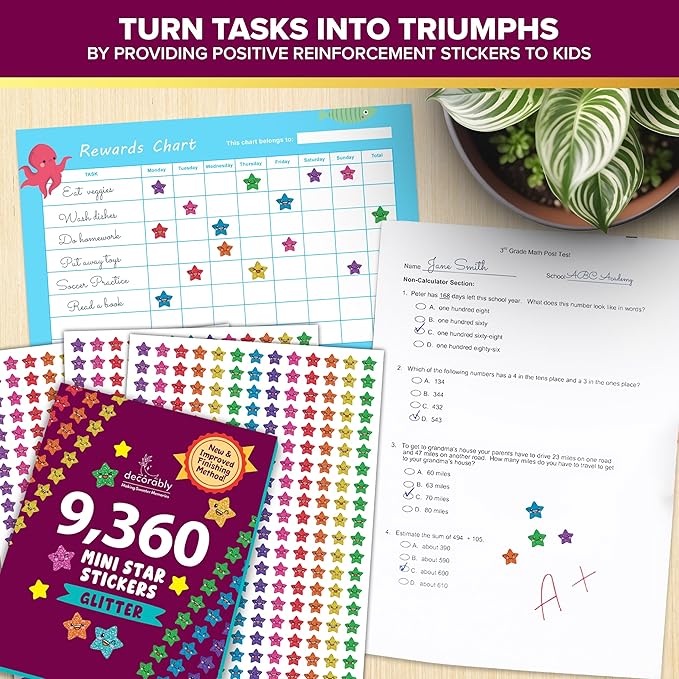 Decorably 9,360 Vibrant Small Star Stickers for Kids Reward - 45 Sheets with 5 Designs for Charts & Worksheets, Classroom Activities, Positive Reinforcement, Arts & Crafts, Scrapbooking, Gift