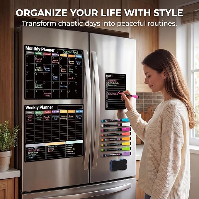 Magnetic Black Calendar for Refrigerator (3-Pack, Ships Flat) - 17"x12" Monthly, Weekly & Daily Planner with Lined Grids - Nano-Tech Dry Erase Fridge Board, 8 Neon Liquid Chalk Markers