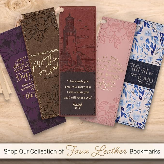 Christian Art Gifts Premium Vegan Leather Inspirational Scripture Bookmark for Women: Trust in the Lord Encouraging Bible Verse, Cute Satin Ribbon for Reading Books & Bibles, White/Blue/Silver Floral