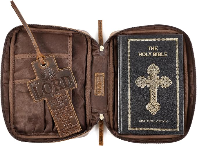 Leather Bible Cover for Men Bible Case for Women Zippered Holder Protector Cross Church Tote Bag Carrying Organizer Sleeve Gift Standard Antique