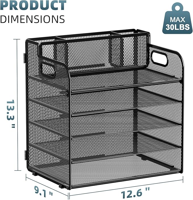 Marbrasse 5 Tier Paper Organizer Letter Tray, Mesh Desk File Organizer with Handle, Paper Sorter Desk Organizer for Home Office Supplies -Black, with 3 Pen Holders