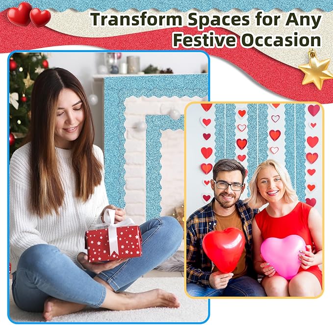3 Rolls 98.4 Ft Glitter Bulletin Board Borders Set - Sky Blue Bulletin Board Decorations for Classroom, Office,School Supplies & Home DIY - Perfect for Teachers, Posters & Birthday Party Decor