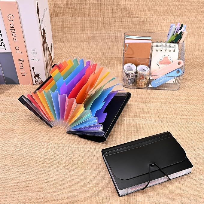 2Pcs Receipt Coupon Holder Organizer, 13 Pockets Small Accordian File Organizer, Expanding File Folder with Colorful Tabs, A6 Size for Cards, Check, Tickets, Monthly Bills Storage (Black)