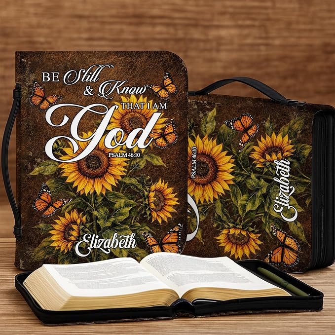 Custom Leather Bible Cover with Name β Personalized Bible Case for Women Zippered with Handle, Bookmark & Storage Pockets, Christian Gift for Mom, Daughter, Grandma (Be Still & Know, M-2XL)
