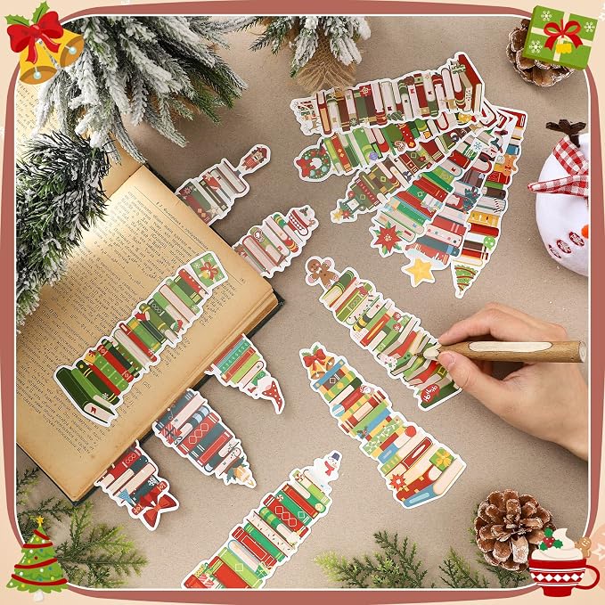 Kolldenn 150 Pcs Book Tracker Bookmarks Bulk 6.3 x 1.97 Inch Bookshelf Love to Read Bookmarks Paper Tracking Double Sided Reading Page Markers for Back to School Reading Lover(Christmas)