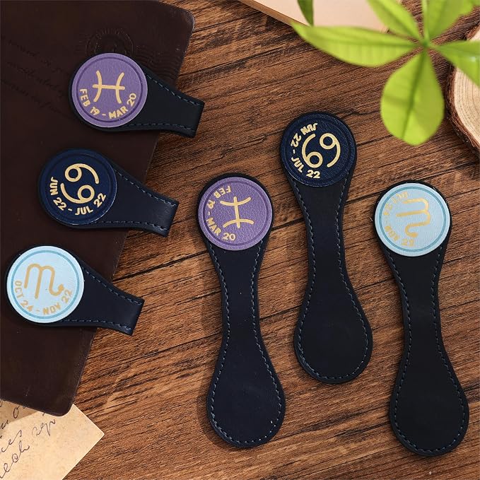 3 PCS Leather Magnetic Bookmark Clips, Zodiac PU Leather Bookmarks for Book Lovers, Full Set of Book Clip Accessories, Water Sign