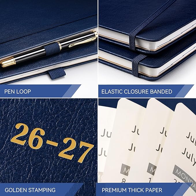 2026-2027 Planner - Planner 2026-2027, 8.5"x11", July 2026 - June 2027, Leather Calendar Weekly and Monthly Planner 26-27, Leather Hardcover, Pen Loop, Elastic Closure, Pocket - Navy