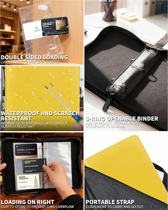 Leather Business Card Book Holder Organizer, Professional Name Card Book Holder with 300 Card Capacity, Portable PU Credit Card Binder File Sleeve Storage for Men Women,50 Pack Sleeves Zipper Closure
