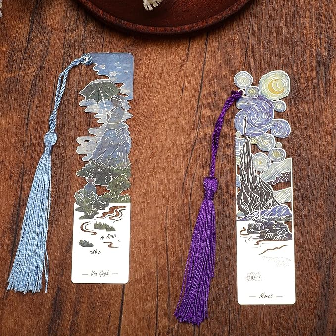 2 PCS Metal Bookmarks with Tassel, Starry Night Over The Rhone and Woman with a Parasol