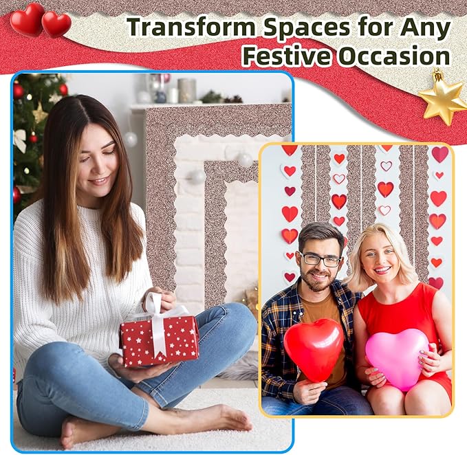 3 Rolls 98.4 Ft Glitter Bulletin Board Borders Set - Champagne Bulletin Board Decorations for Classroom, Office,School Supplies & Home DIY - Perfect for Teachers, Posters & Birthday Party Decor