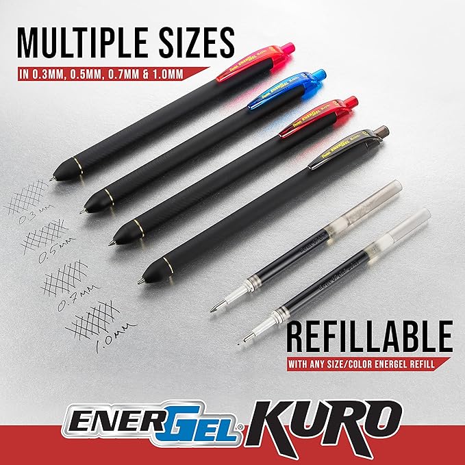 Pentel EnerGel Kuro Liquid Gel Pen, (0.7mm) Medium line, Black Ink, 10 Pack